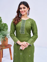 Thumbnail for Malishka Women's Mehendi Rayon Embroidered Straight Kurta Pant With Dupatta - Distacart