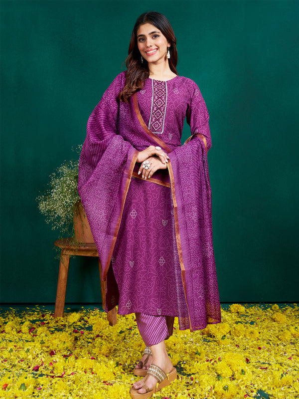 Malishka Women's Purple Rayon Embroidered Straight Kurta Pant With Dupatta - Distacart