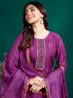 Thumbnail for Malishka Women's Purple Rayon Embroidered Straight Kurta Pant With Dupatta - Distacart