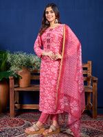 Thumbnail for Malishka Women's Pink Rayon Embroidered Straight Kurta Pant With Dupatta - Distacart