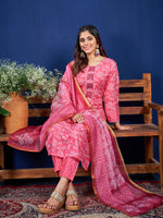 Thumbnail for Malishka Women's Pink Rayon Embroidered Straight Kurta Pant With Dupatta - Distacart