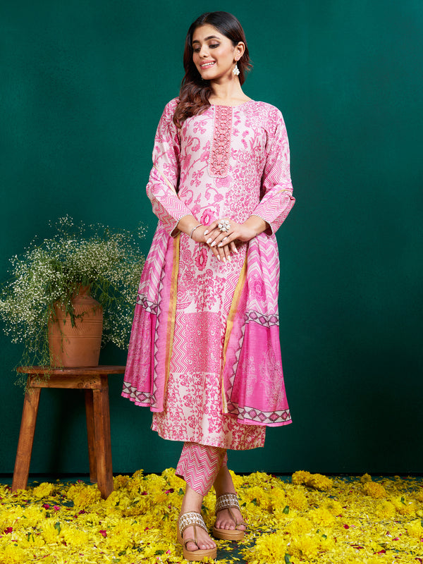 Malishka Women's Pink Rayon Embroidered Straight Kurta Pant With Dupatta - Distacart