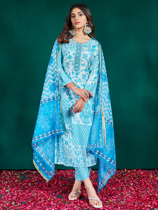 Malishka Women's Sky Blue Rayon Embroidered Straight Kurta Pant With Dupatta - Distacart