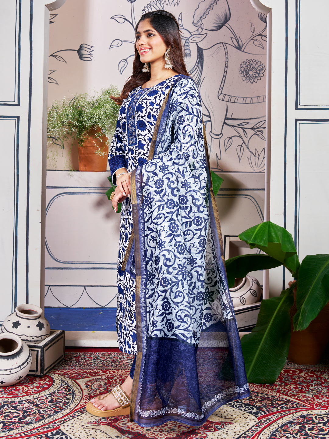 Malishka Women's Blue Rayon Embroidered Straight Kurta Pant With Dupatta - Distacart