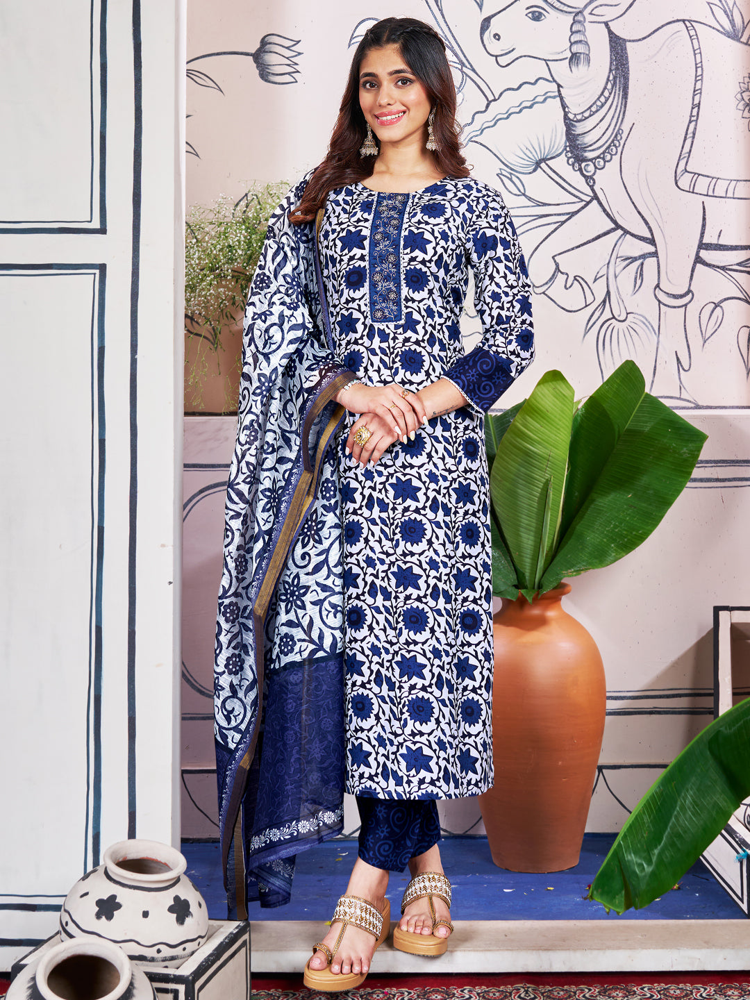 Malishka Women's Blue Rayon Embroidered Straight Kurta Pant With Dupatta - Distacart