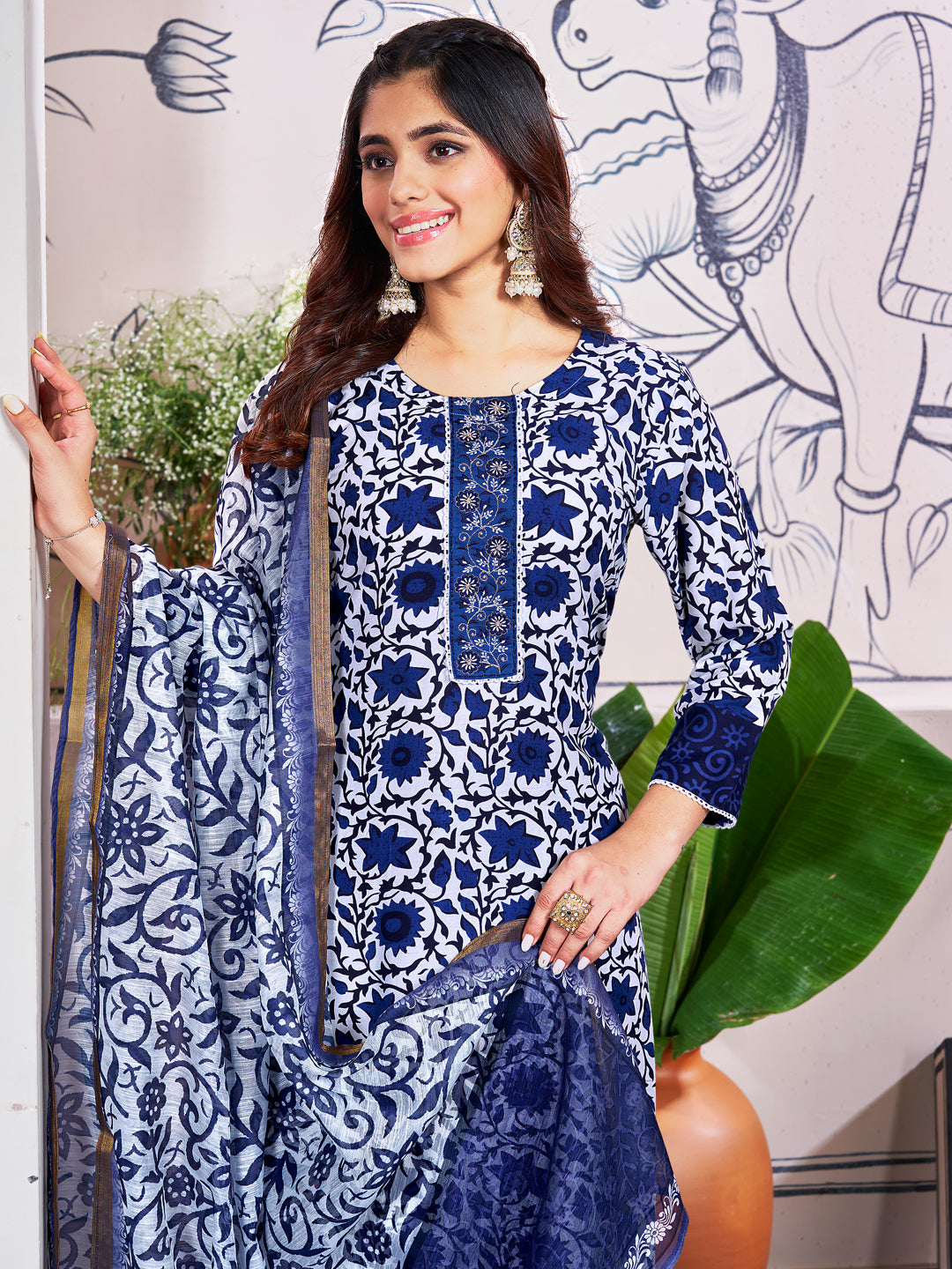 Malishka Women's Blue Rayon Embroidered Straight Kurta Pant With Dupatta - Distacart