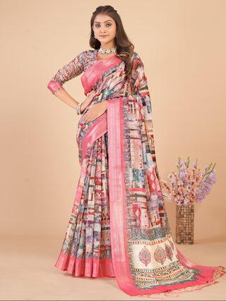 NOZ2TOZ Women's Linen Blend Pink Printed Designer Saree With Blouse Piece - Distacart