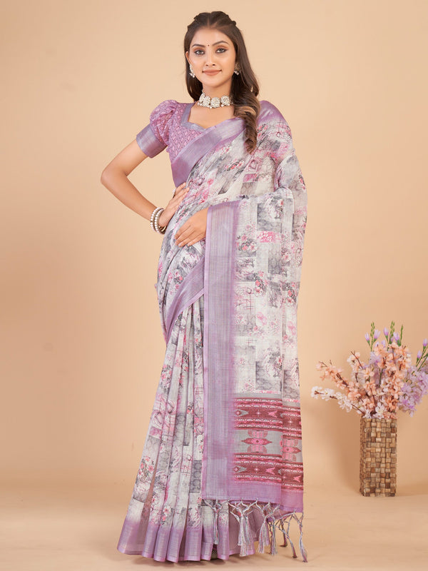 NOZ2TOZ Women's Linen Blend Off White Printed Designer Saree With Blouse Piece - Distacart