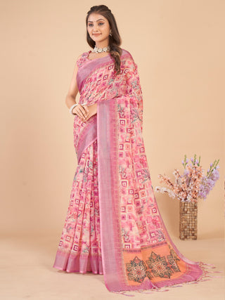 NOZ2TOZ Women's Linen Blend Pink Printed Designer Saree With Blouse Piece - Distacart