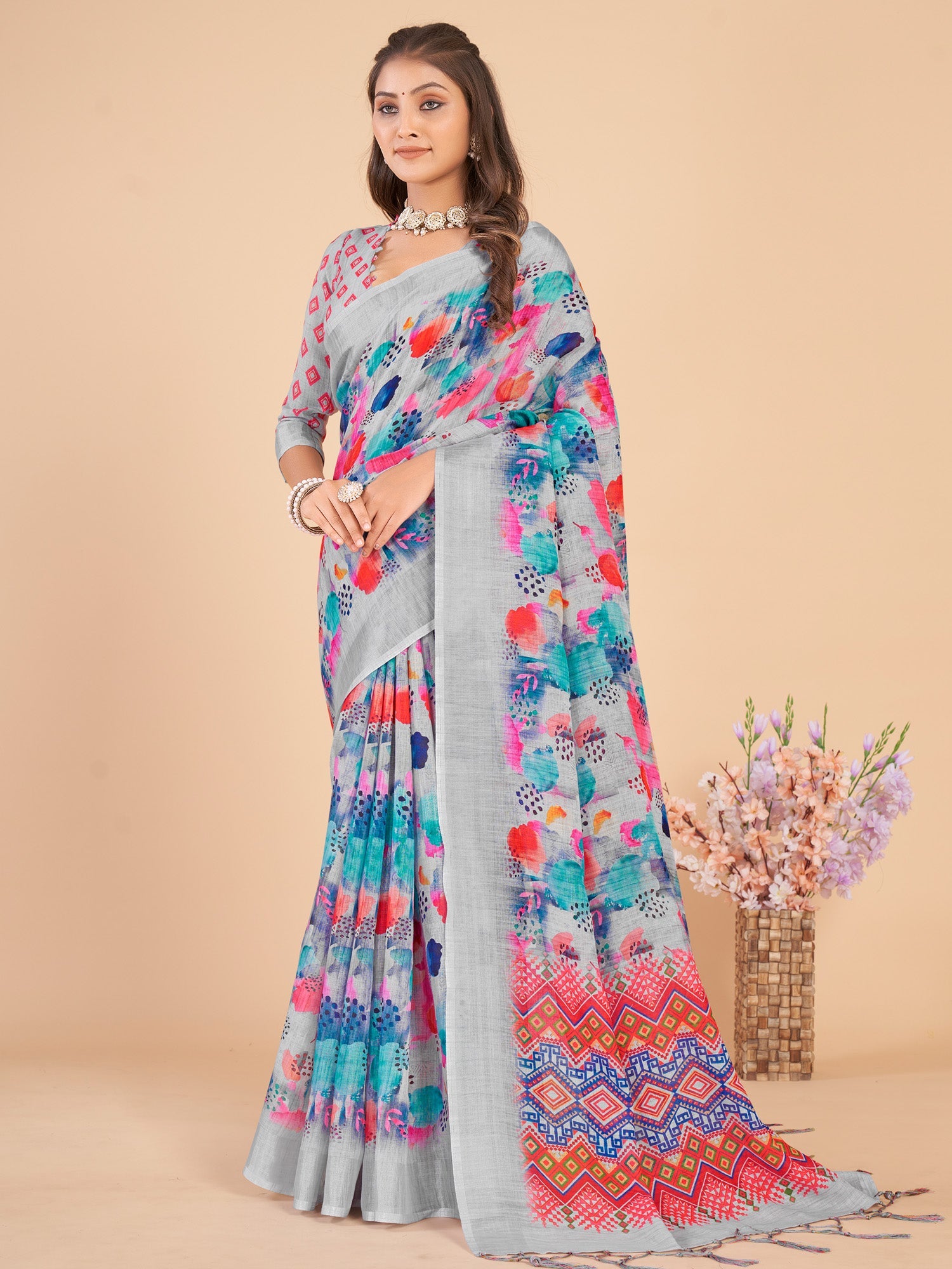 NOZ2TOZ Women's Linen Blend Grey Printed Designer Saree With Blouse Piece - Distacart