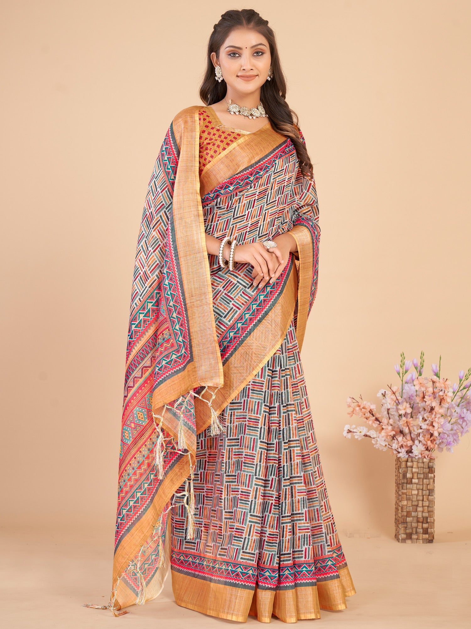 NOZ2TOZ Women's Linen Blend Multi Color Printed Designer Saree With Blouse Piece - Distacart