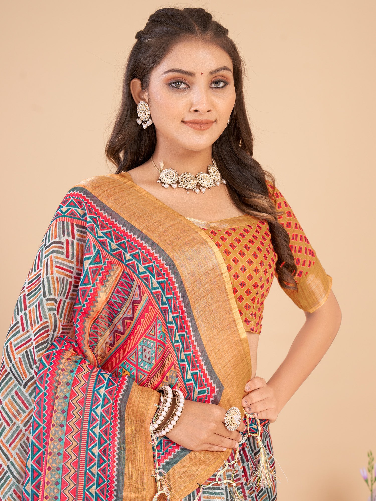 NOZ2TOZ Women's Linen Blend Multi Color Printed Designer Saree With Blouse Piece - Distacart