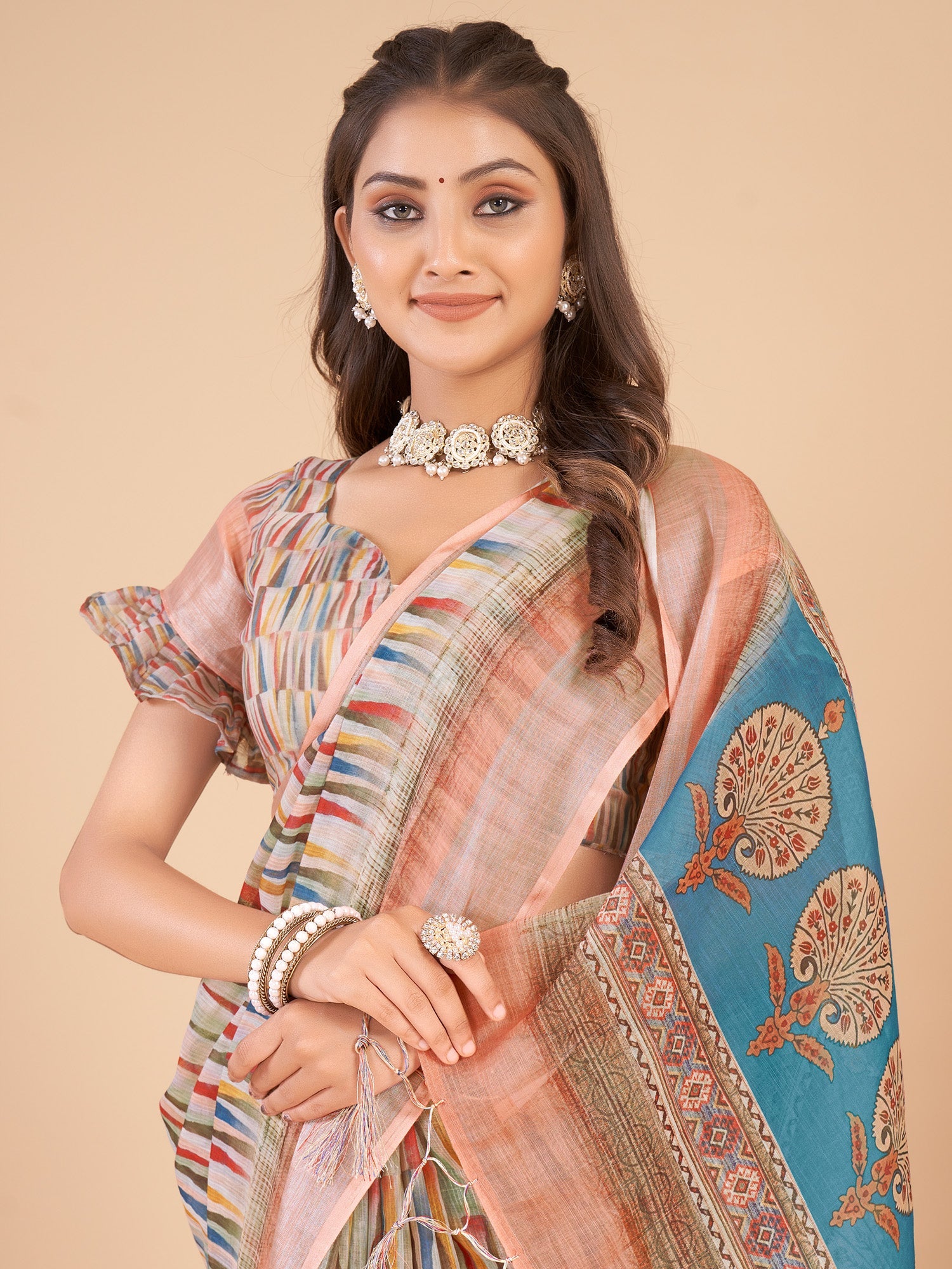 NOZ2TOZ Women's Linen Blend Multi Color Printed Designer Saree With Blouse Piece - Distacart