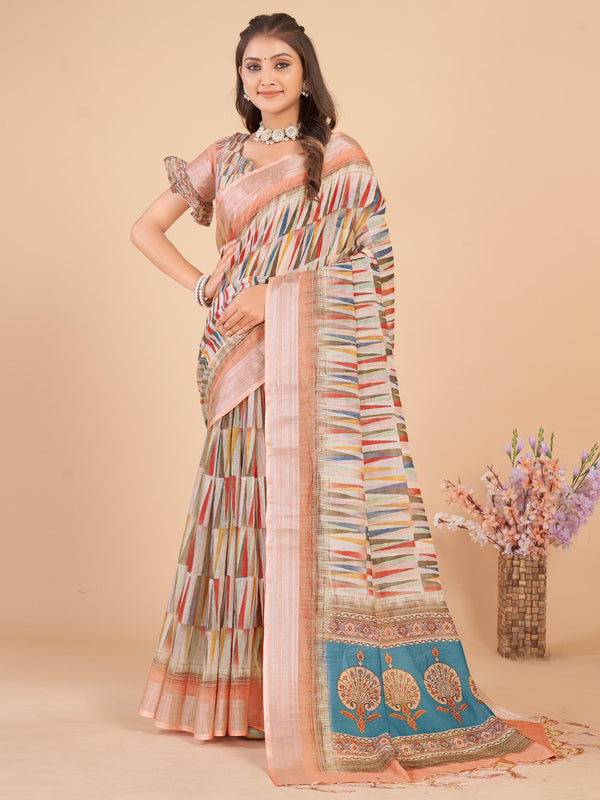 NOZ2TOZ Women's Linen Blend Multi Color Printed Designer Saree With Blouse Piece - Distacart