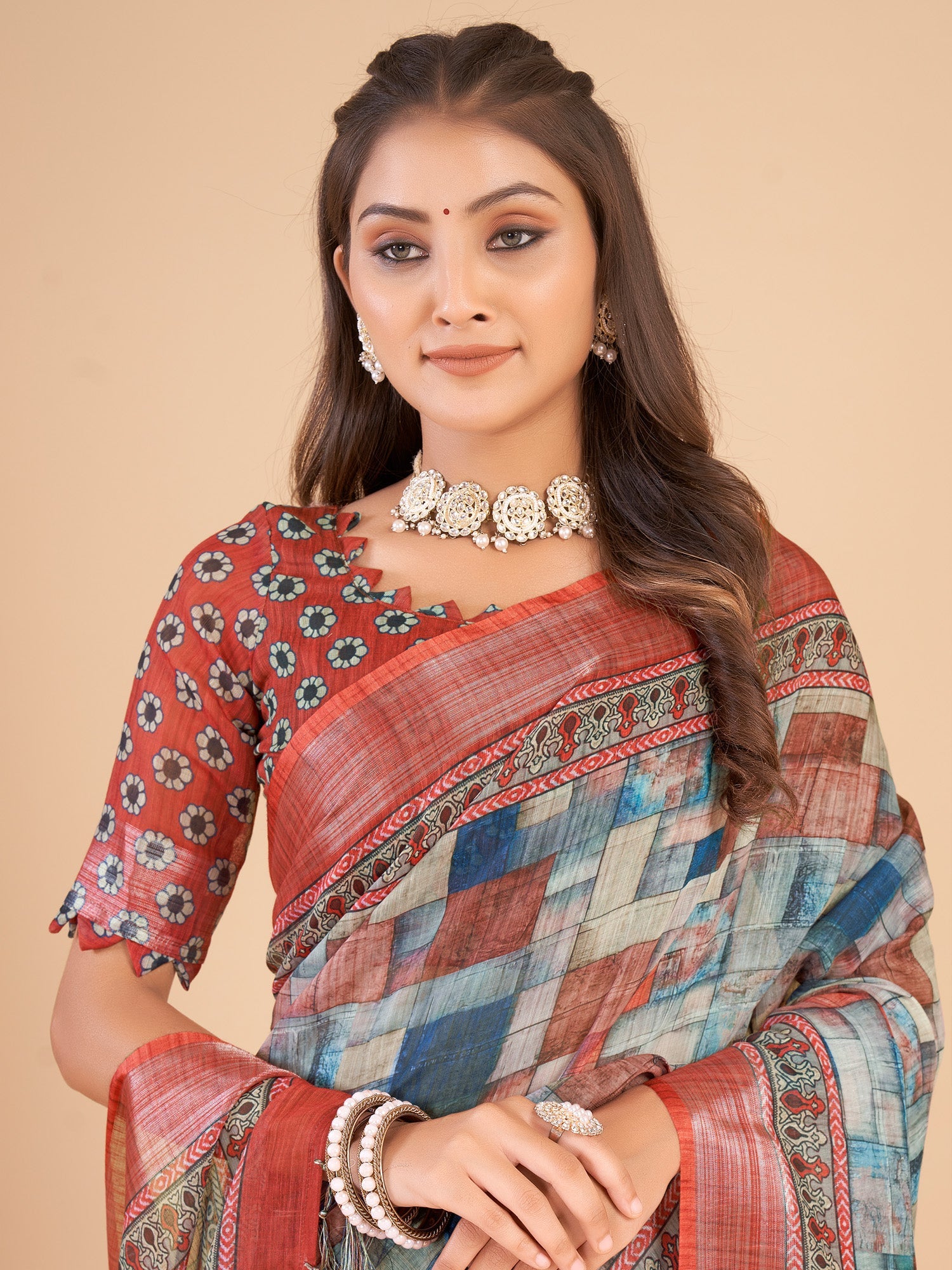 NOZ2TOZ Women's Linen Blend Multi Color Printed Designer Saree With Blouse Piece - Distacart