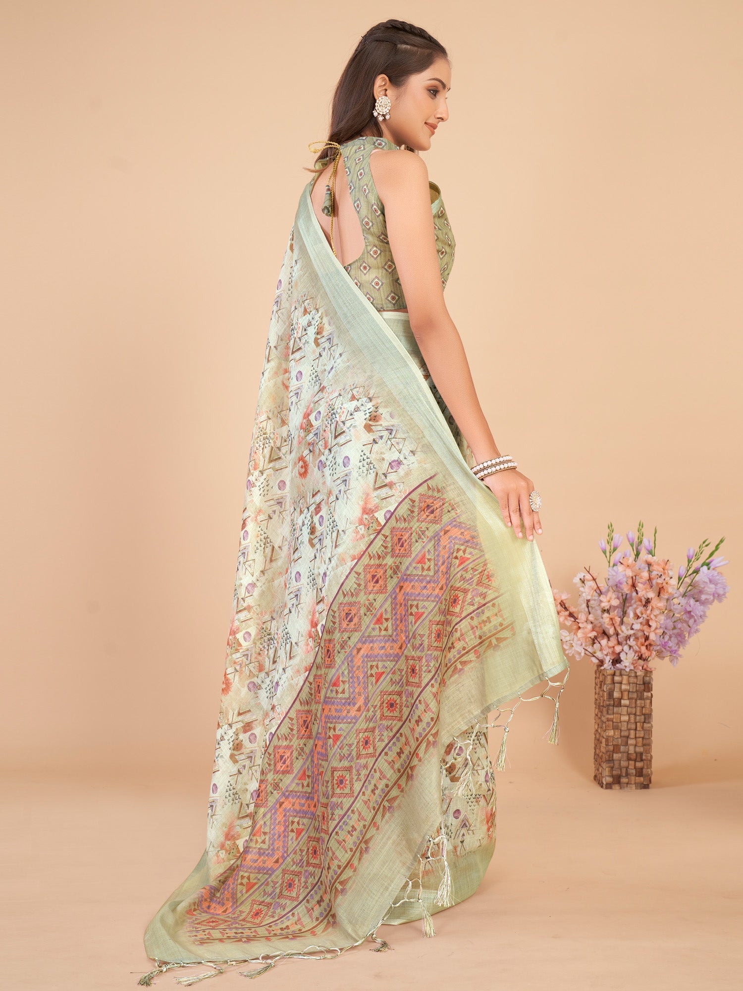 NOZ2TOZ Women's Linen Blend Light Green Printed Designer Saree With Blouse Piece - Distacart