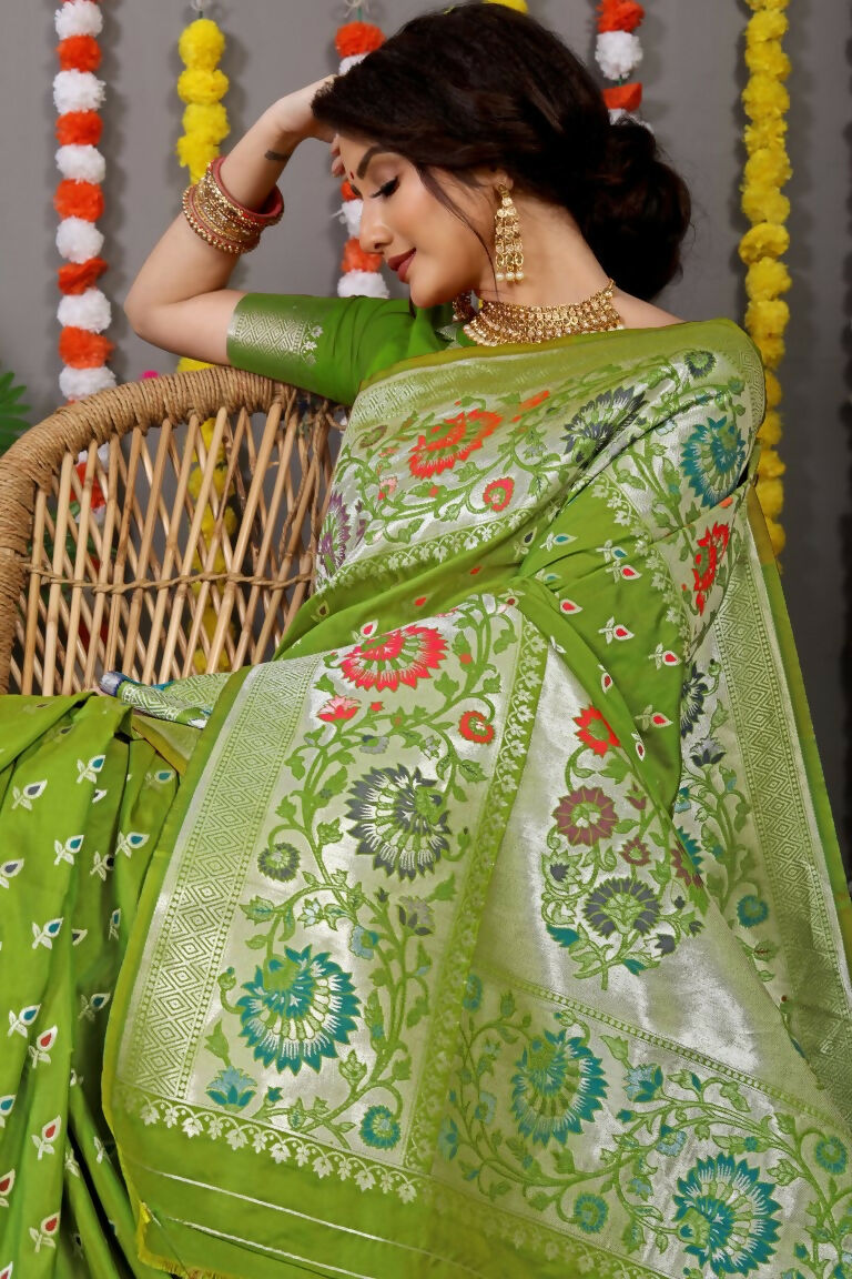Jyoti Fashion Women's Green Banarasi Silk Zari Woven Saree with Blouse - Distacart