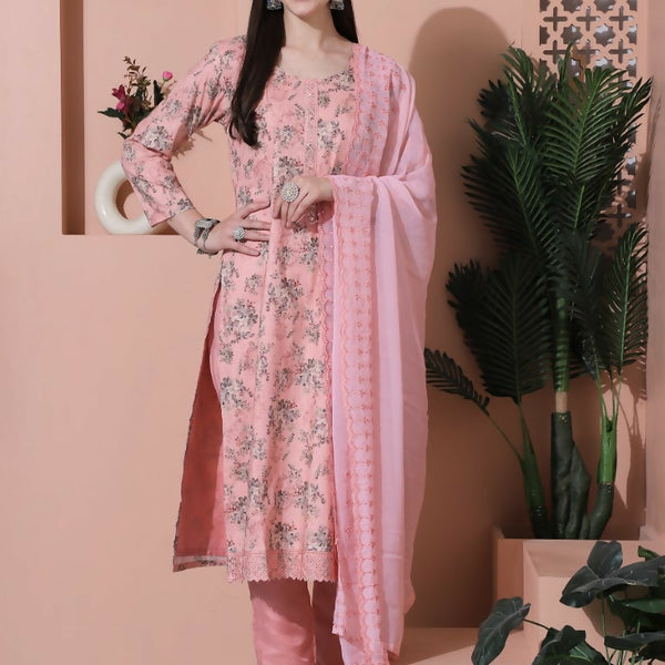 Jyoti Fashion Women's Pink Cotton Floral Digital Printed Kurta with Trouser & Dupatta - Distacart