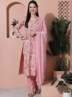 Thumbnail for Jyoti Fashion Women's Pink Cotton Floral Digital Printed Kurta with Trouser & Dupatta - Distacart