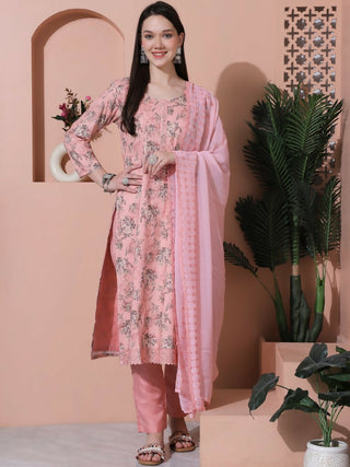 Jyoti Fashion Women's Pink Cotton Floral Digital Printed Kurta with Trouser & Dupatta - Distacart