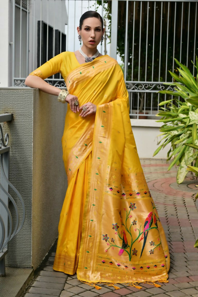Vishnu Weaves Women's Yellow Paithani Silk Zari Woven Saree with Blouse