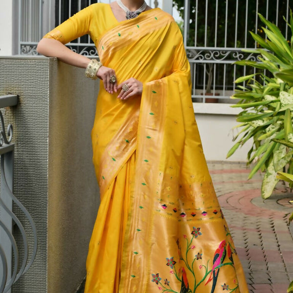 Vishnu Weaves Women's Yellow Paithani Silk Zari Woven Saree with Blouse