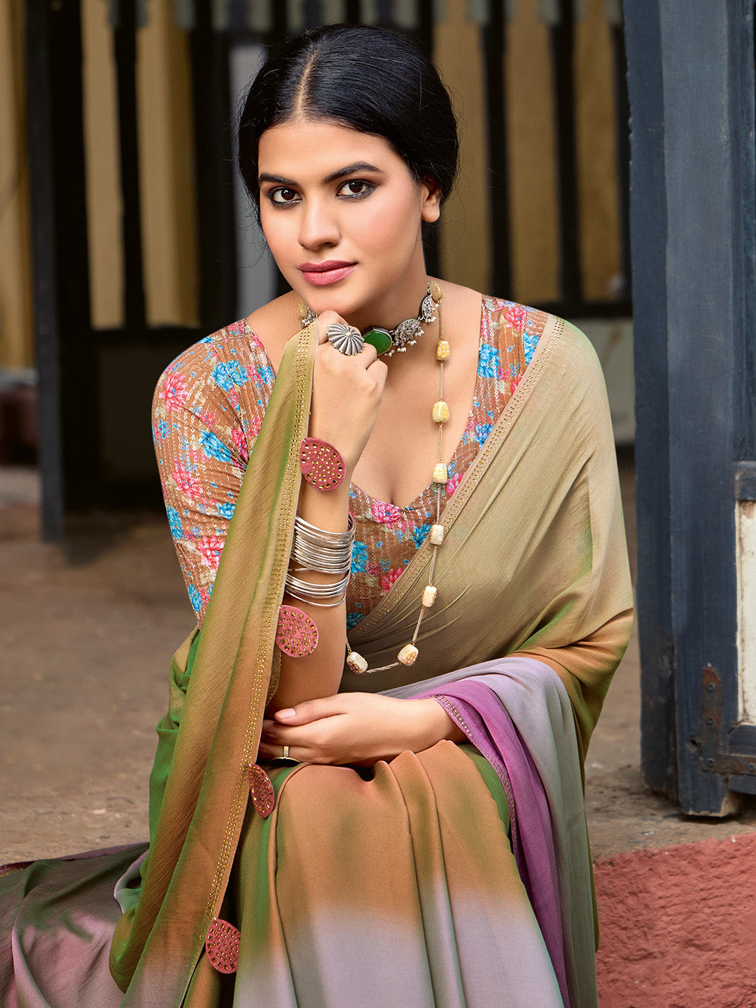 NOZ2TOZ Women's Chiffon Bronze Embellished Celebrity Saree With Blouse Piece - Distacart