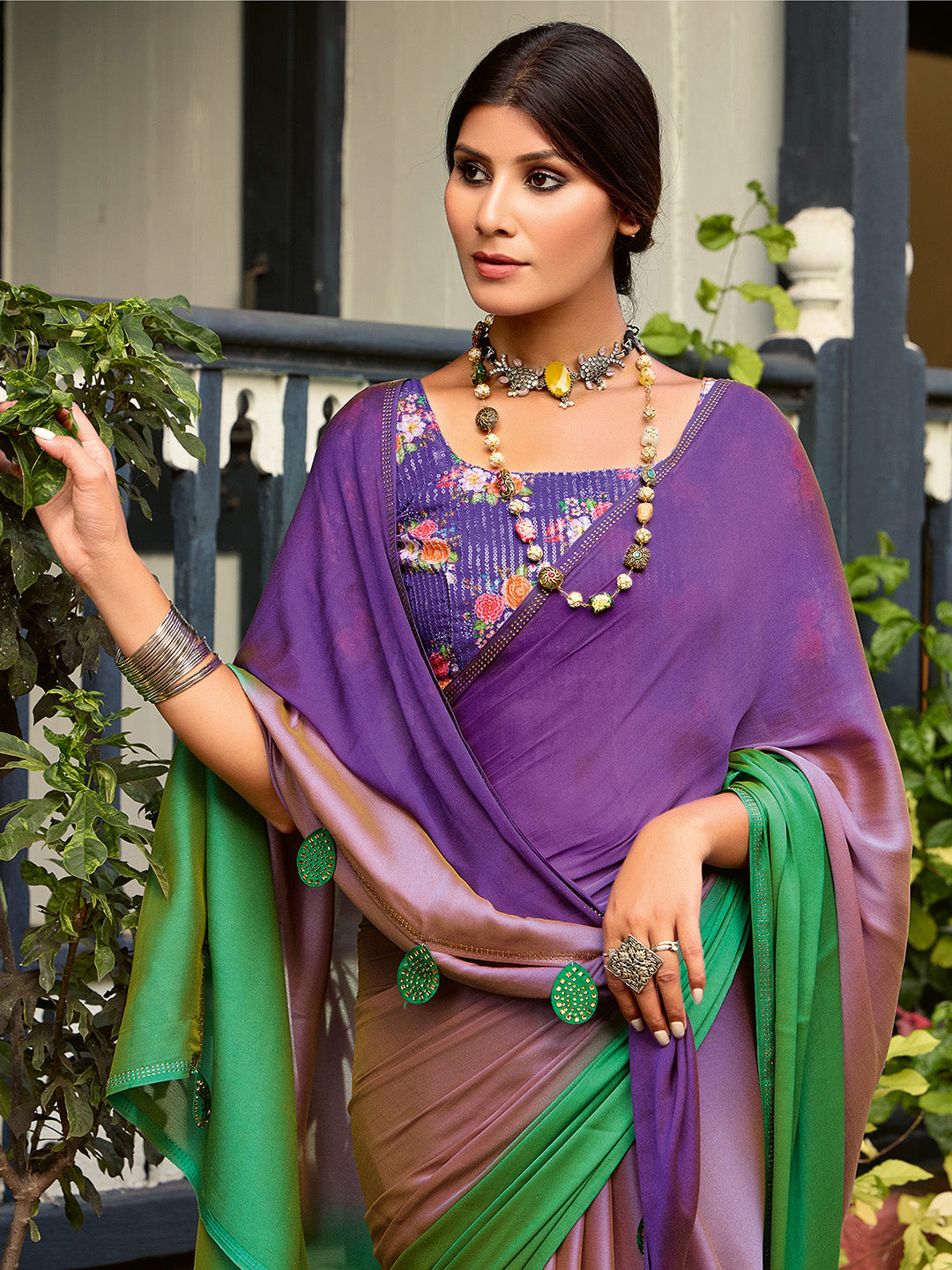 NOZ2TOZ Women's Chiffon Purple Embellished Celebrity Saree With Blouse Piece - Distacart