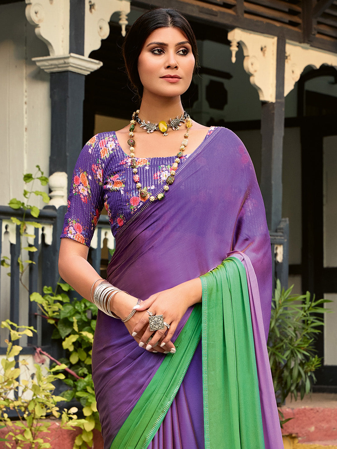 NOZ2TOZ Women's Chiffon Purple Embellished Celebrity Saree With Blouse Piece - Distacart