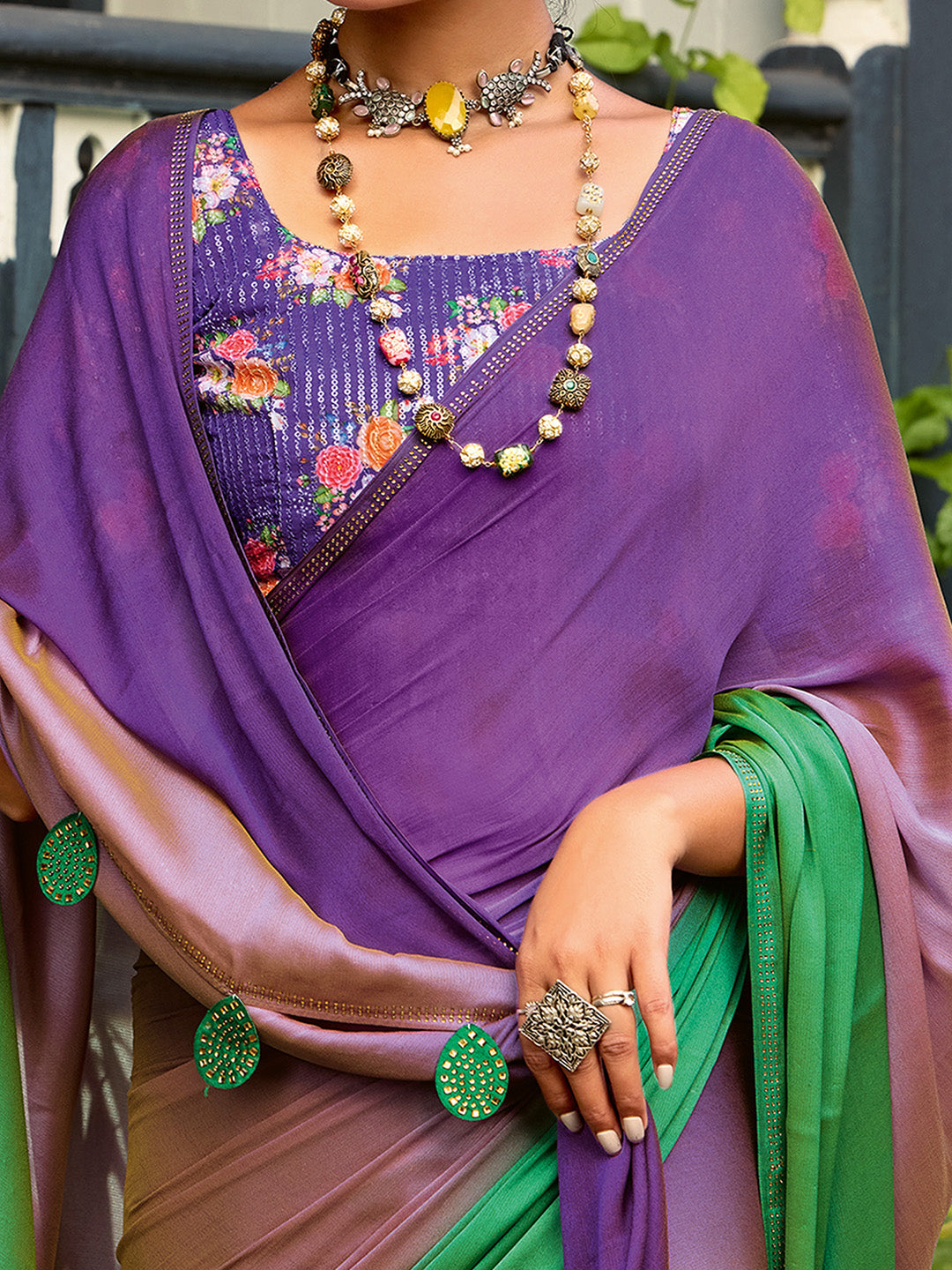 NOZ2TOZ Women's Chiffon Purple Embellished Celebrity Saree With Blouse Piece - Distacart