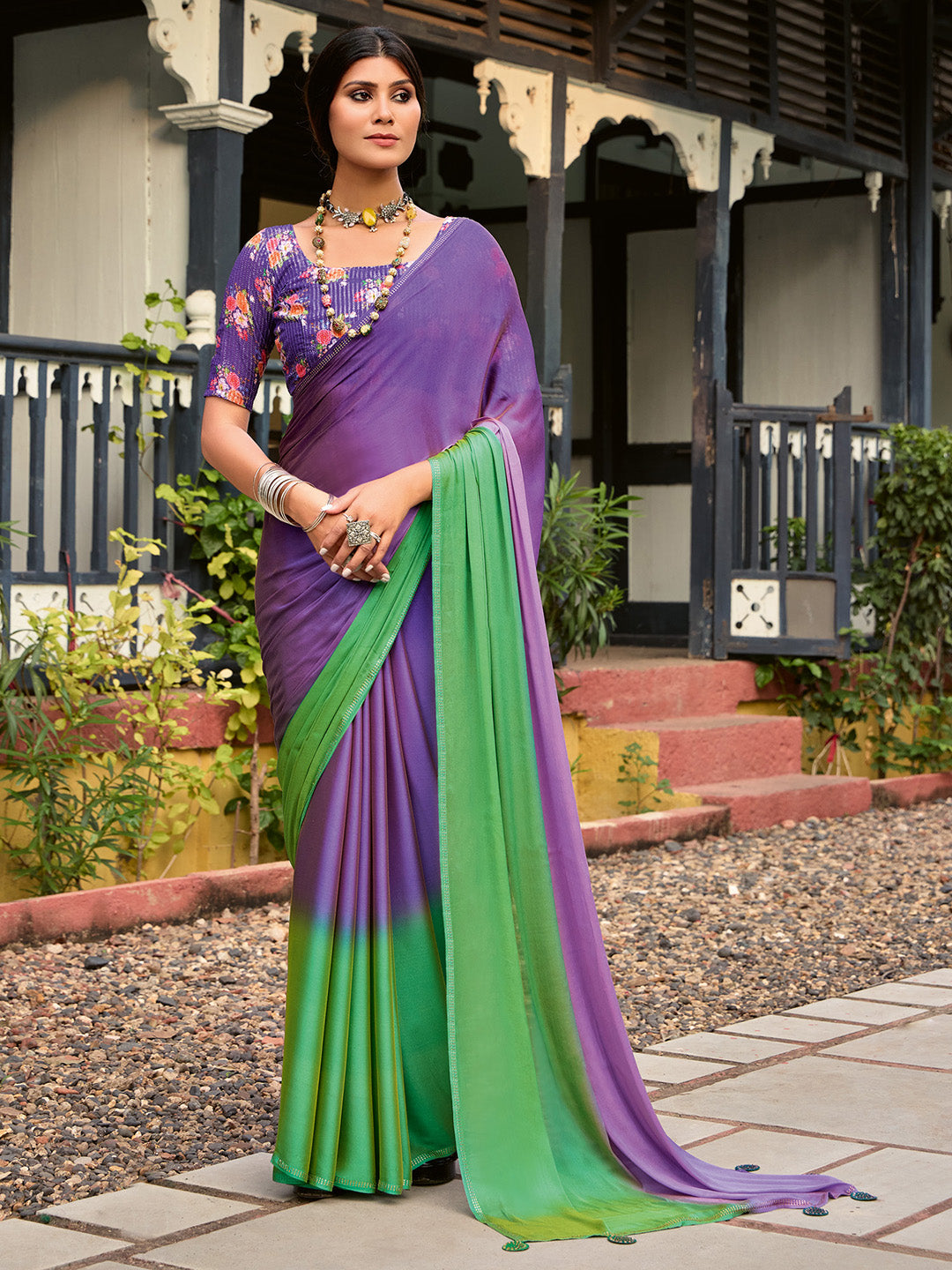 NOZ2TOZ Women's Chiffon Purple Embellished Celebrity Saree With Blouse Piece - Distacart
