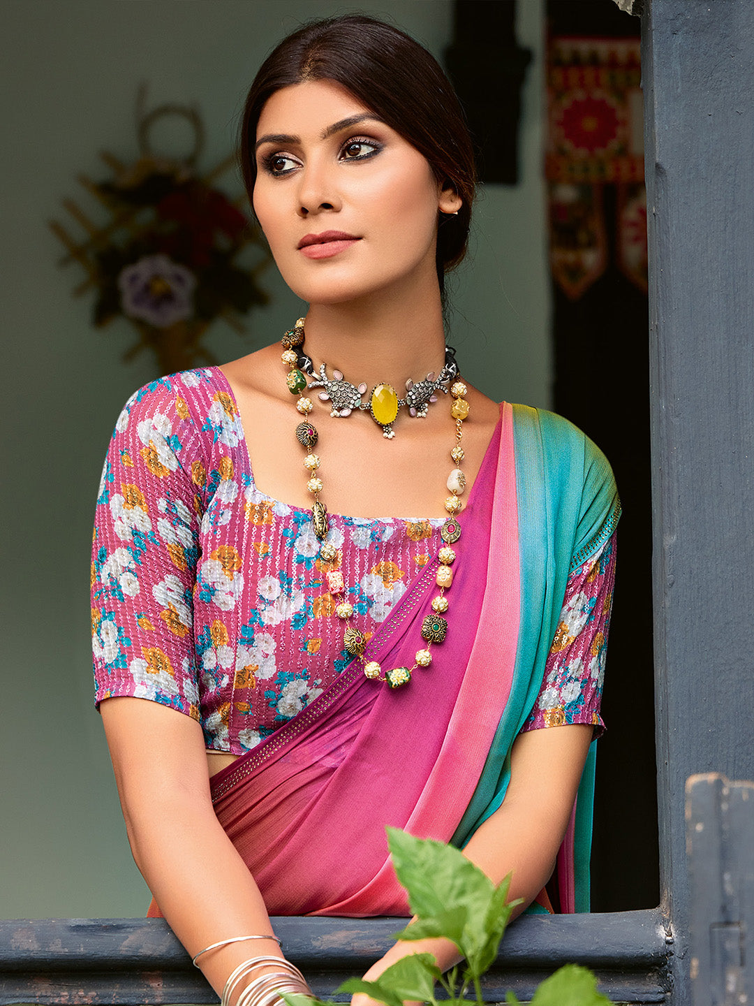 NOZ2TOZ Women's Chiffon Pink Embellished Celebrity Saree With Blouse Piece - Distacart