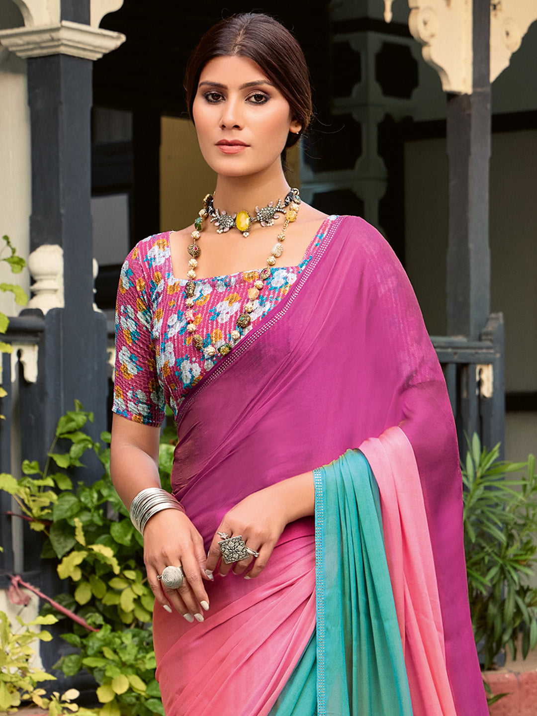 NOZ2TOZ Women's Chiffon Pink Embellished Celebrity Saree With Blouse Piece - Distacart