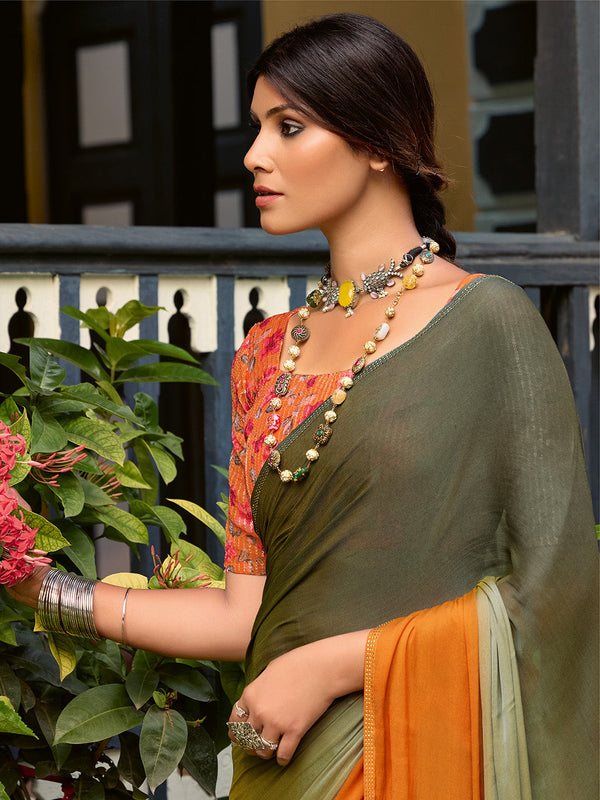 NOZ2TOZ Women's Chiffon Sea Green Embellished Celebrity Saree With Blouse Piece - Distacart