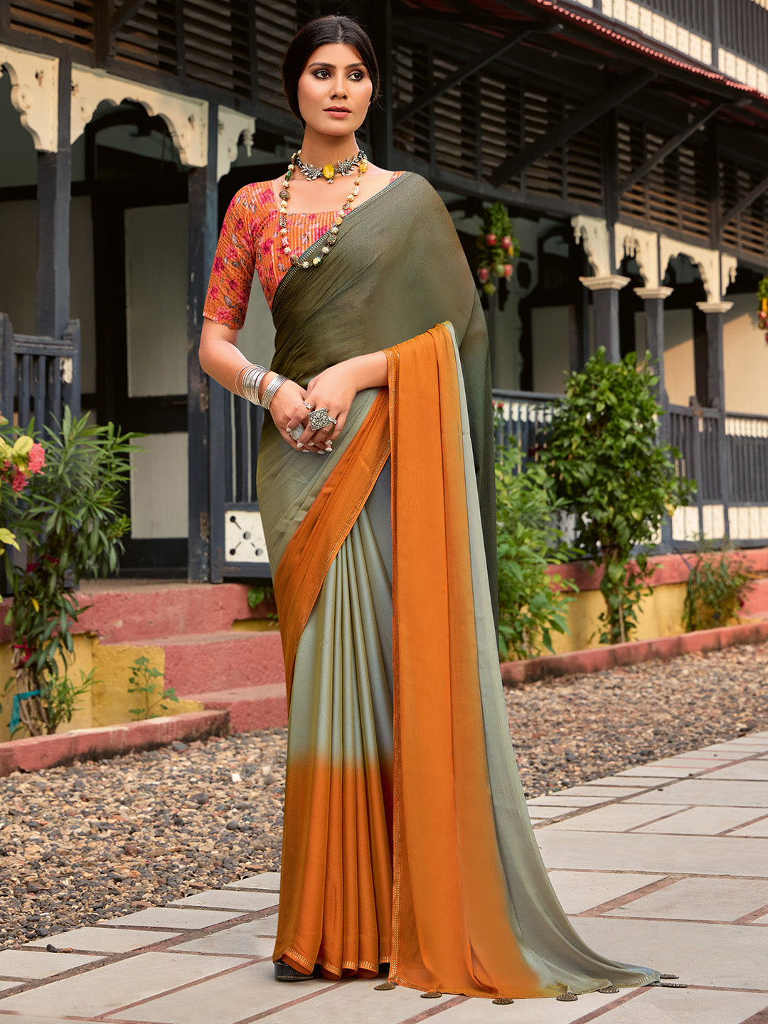 NOZ2TOZ Women's Chiffon Sea Green Embellished Celebrity Saree With Blouse Piece - Distacart