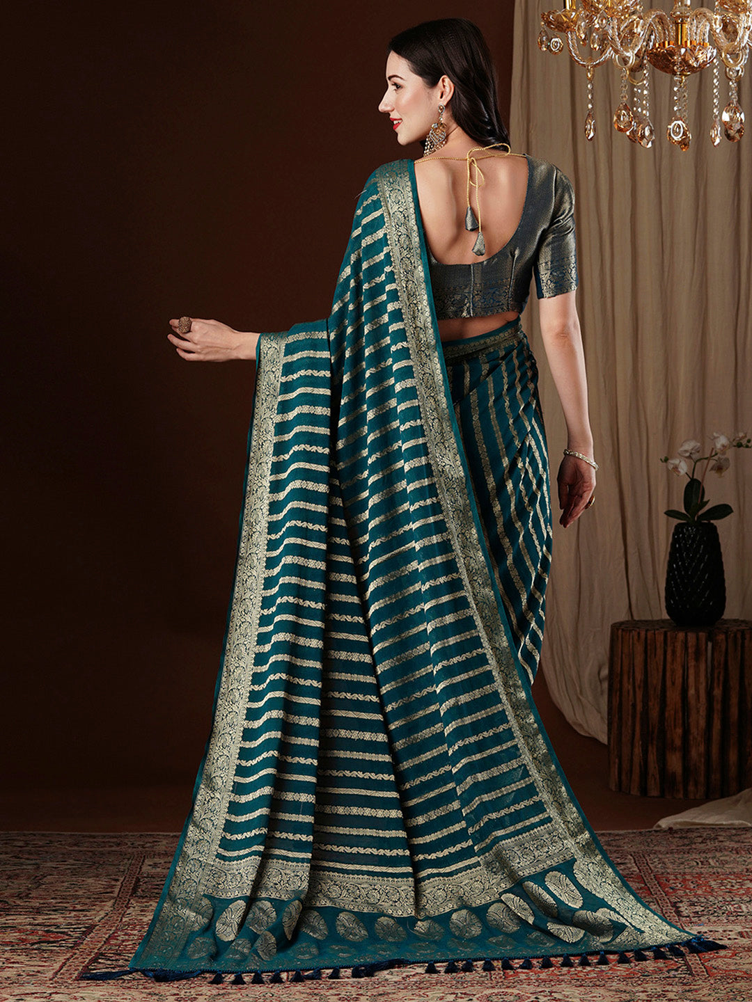 NOZ2TOZ Women's Georgette Teal blue Woven Design Designer Saree With Blouse Piece - Distacart