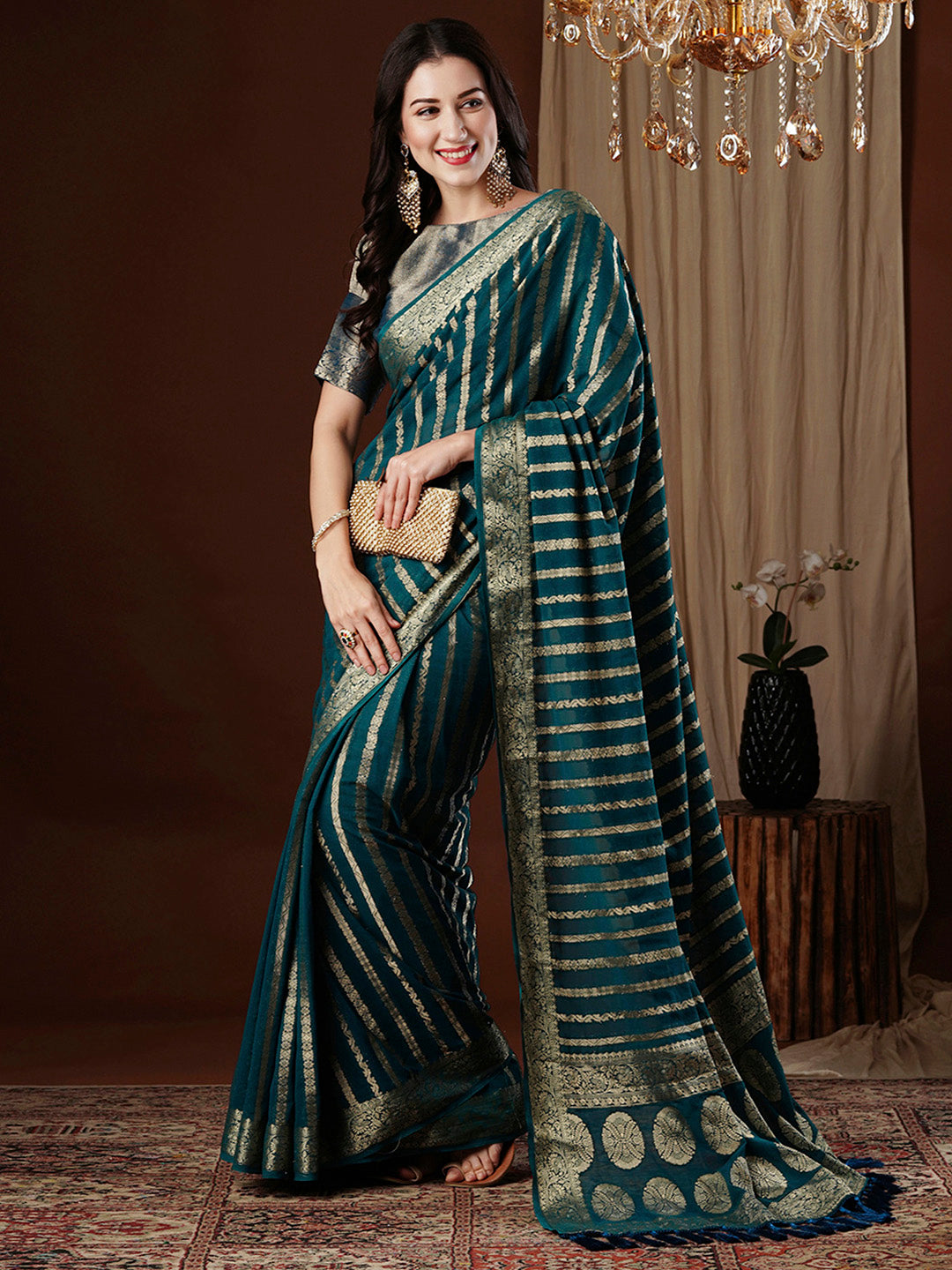 NOZ2TOZ Women's Georgette Teal blue Woven Design Designer Saree With Blouse Piece - Distacart
