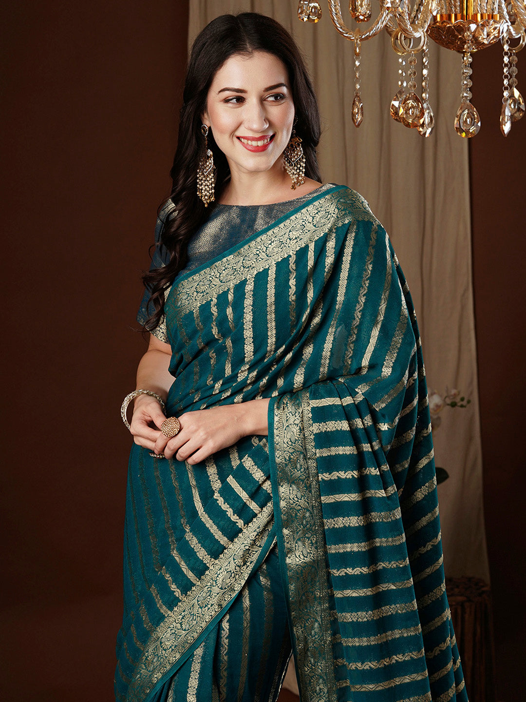 NOZ2TOZ Women's Georgette Teal blue Woven Design Designer Saree With Blouse Piece - Distacart