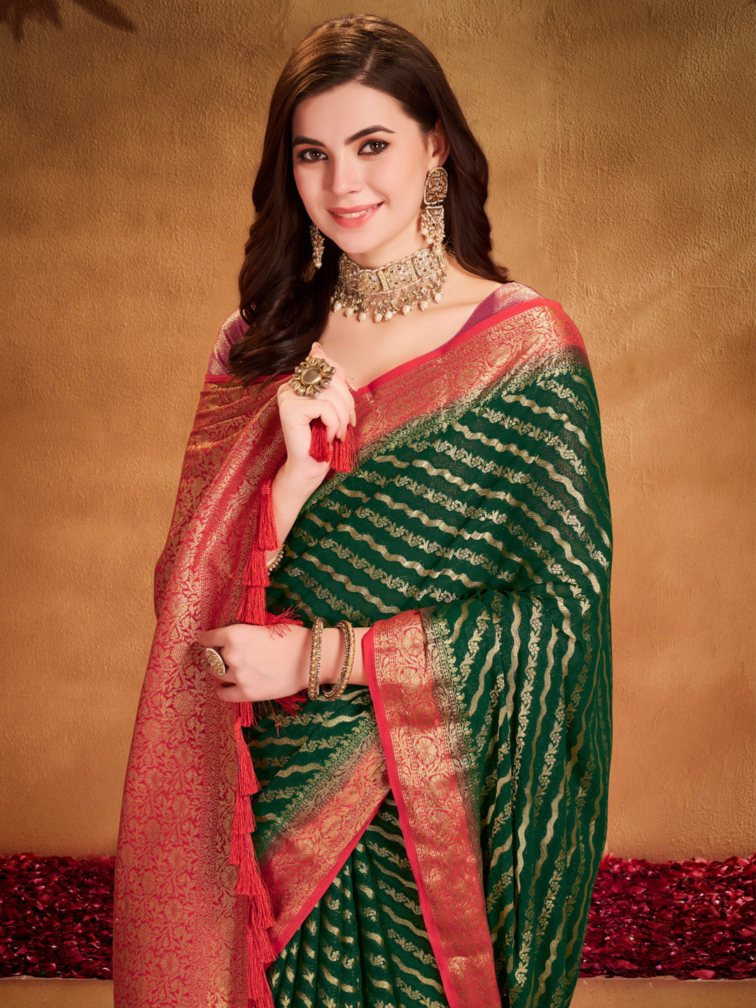 NOZ2TOZ Women's Georgette Green Woven Design Designer Saree With Blouse Piece - Distacart