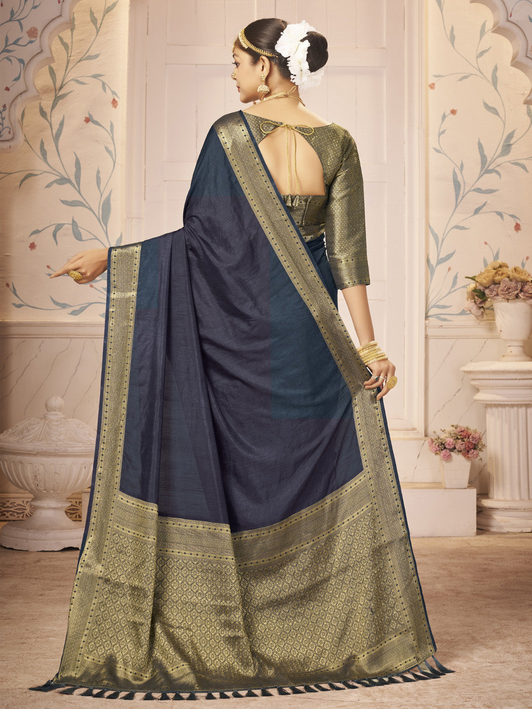 NOZ2TOZ Women's Nylon Navy Blue Woven Design Designer Saree With Blouse Piece - Distacart