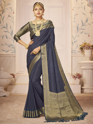NOZ2TOZ Women's Nylon Navy Blue Woven Design Designer Saree With Blouse Piece - Distacart