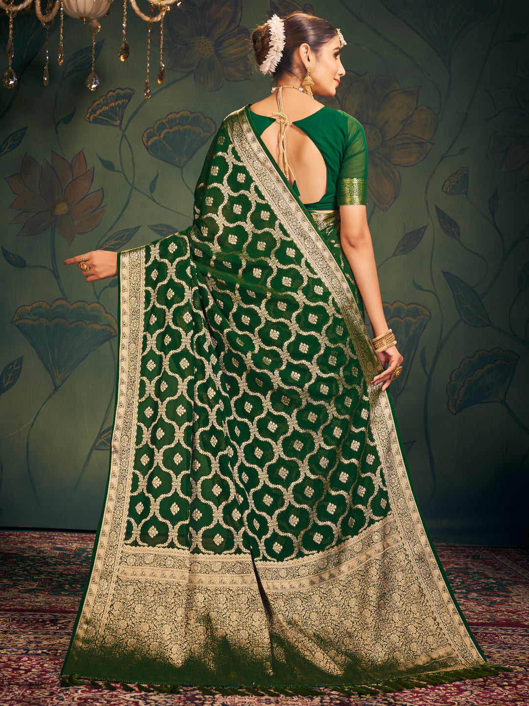 NOZ2TOZ Women's Georgette Green Woven Design Designer Saree With Blouse Piece - Distacart