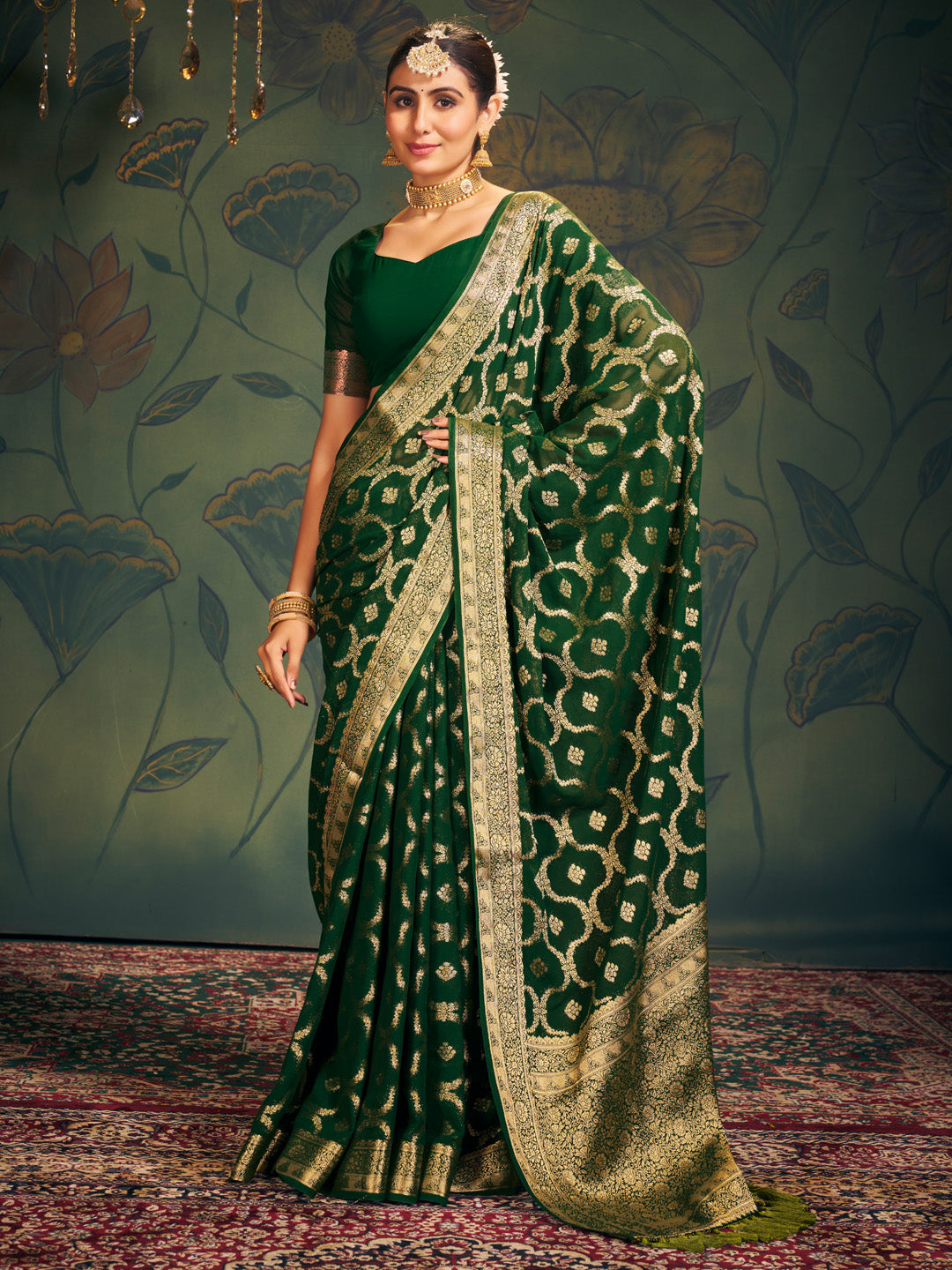 NOZ2TOZ Women's Georgette Green Woven Design Designer Saree With Blouse Piece - Distacart