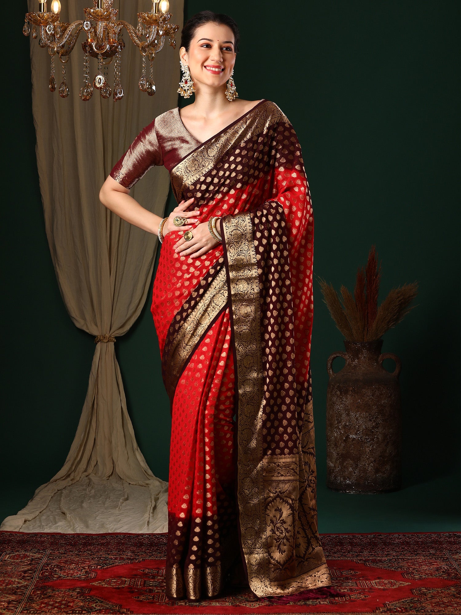 NOZ2TOZ Women's Georgette Red Woven Design Designer Saree With Blouse Piece - Distacart