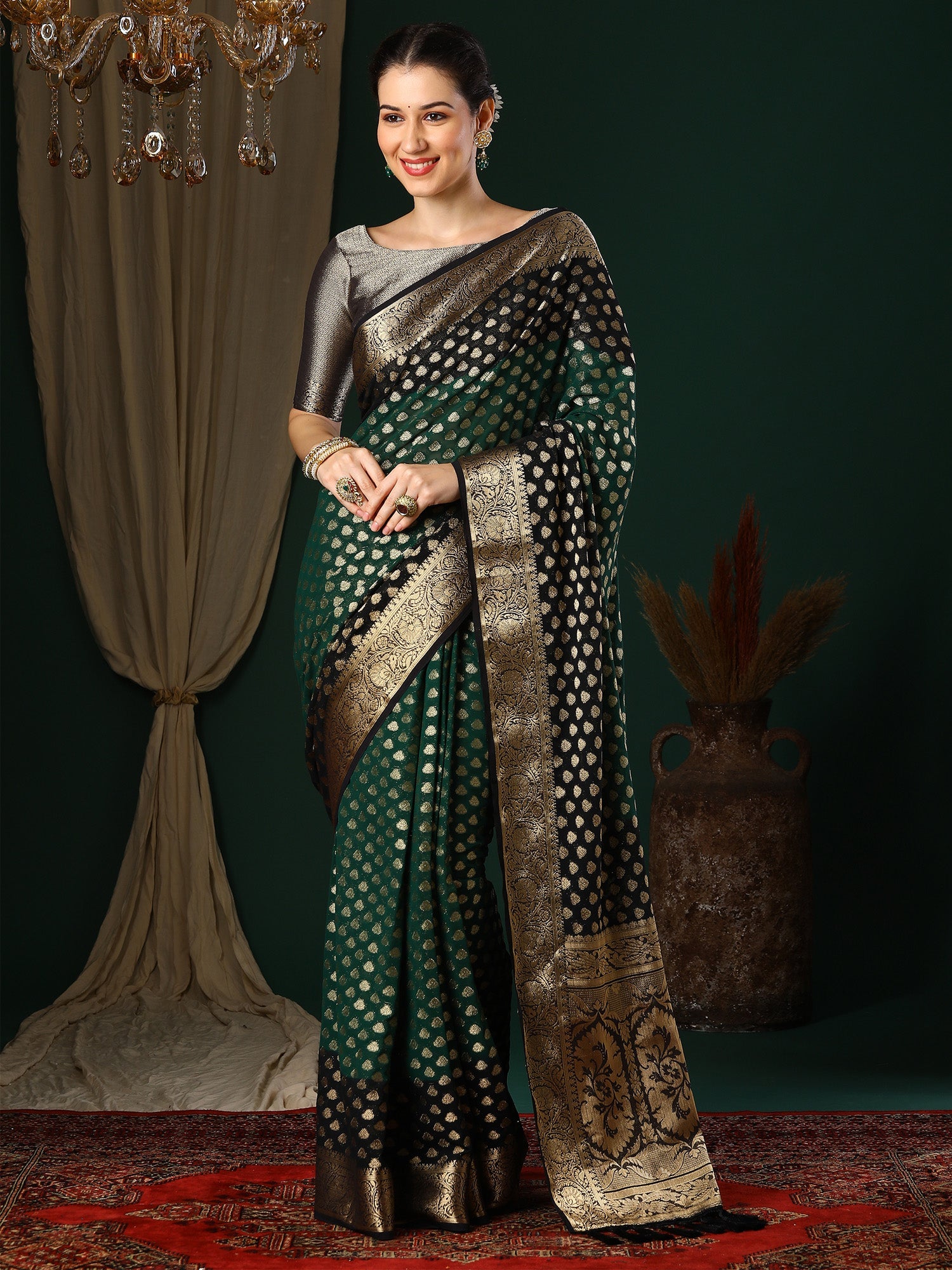 NOZ2TOZ Women's Georgette Green Woven Design Designer Saree With Blouse Piece - Distacart