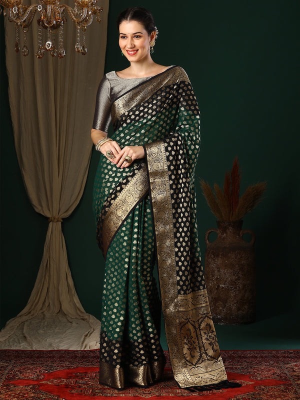 NOZ2TOZ Women's Georgette Green Woven Design Designer Saree With Blouse Piece - Distacart
