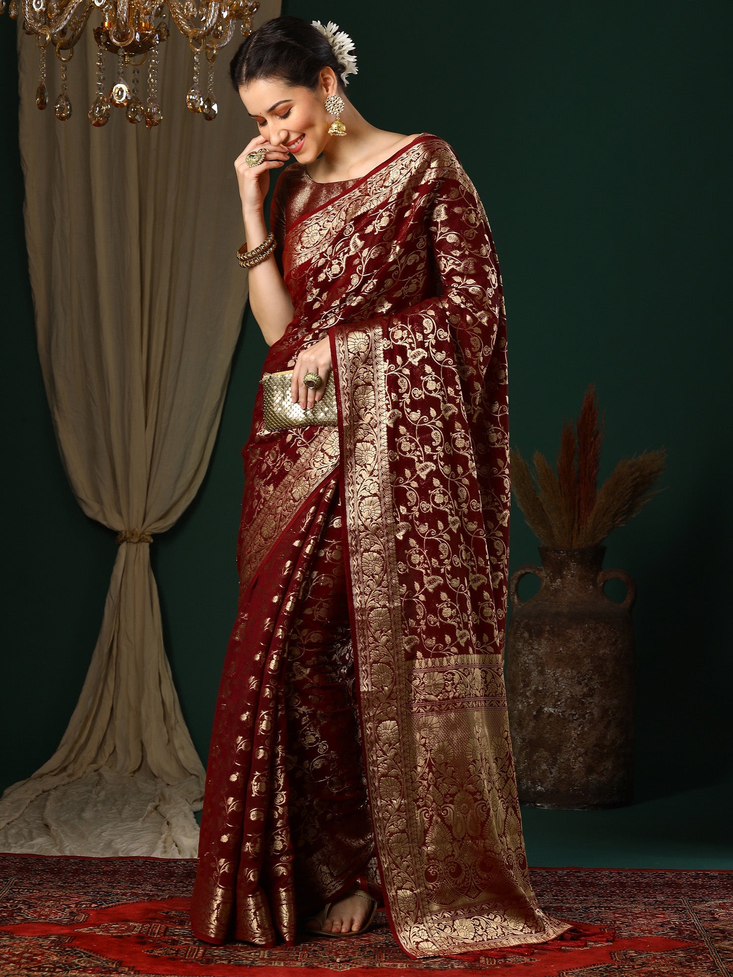 NOZ2TOZ Women's Georgette Maroon Woven Design Designer Saree With Blouse Piece - Distacart