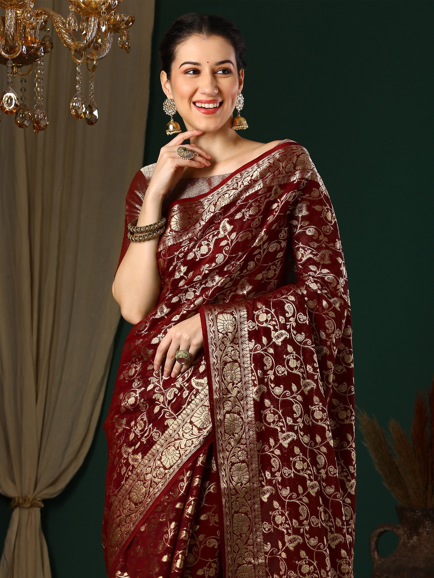 NOZ2TOZ Women's Georgette Maroon Woven Design Designer Saree With Blouse Piece - Distacart