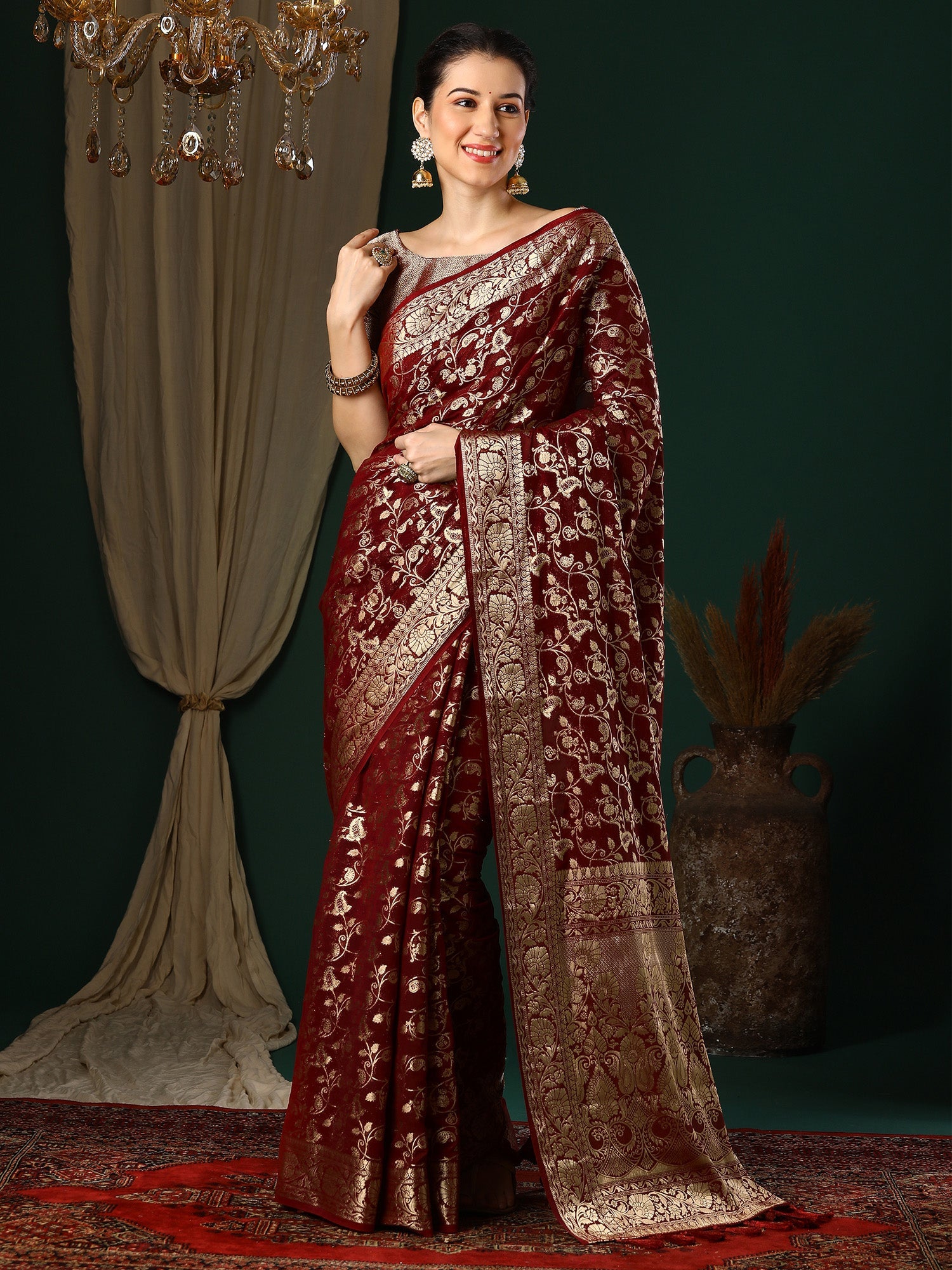 NOZ2TOZ Women's Georgette Maroon Woven Design Designer Saree With Blouse Piece - Distacart
