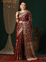 Thumbnail for NOZ2TOZ Women's Georgette Maroon Woven Design Designer Saree With Blouse Piece - Distacart
